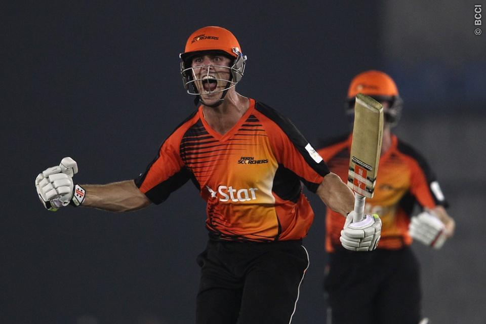 Mitchell Marsh of the Perth Scorchers celebrates after hitting a six off the final ball to beat Dolphins during match 4 of the Champions League Twenty20 between the Dolphins and the Perth Scorchers. Image Credit: Shaun Roy / Sportzpics/ CLT20