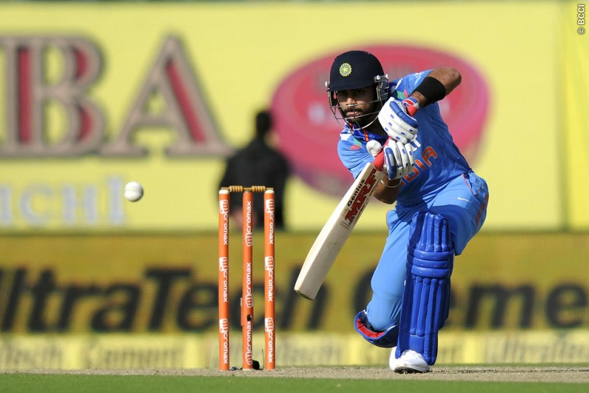 Virat Kohli hits a shot against West Indies in the fourth one-dayer. Image Credit: BCCI