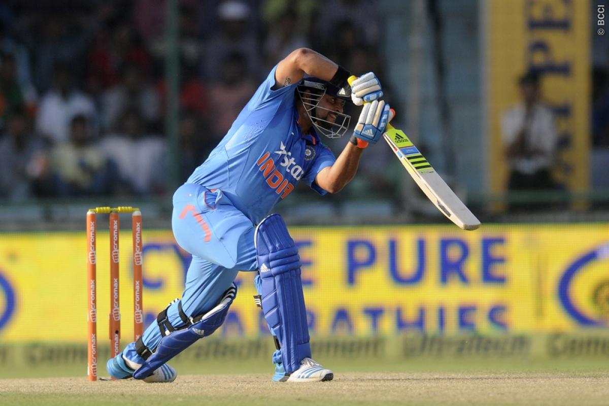 Suresh Raina playing a shot against West Indies in the second one-dayer. Image Credit: Pal Pillai/ Sportzpics / BCCI