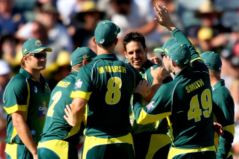 Australian team celebrates during the 1st ODI against South Africa. Image Credit: ICC