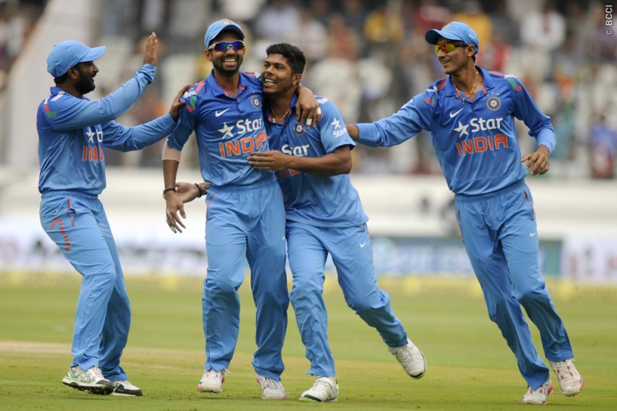 Umesh Yadav of India celebrates the wicket of Kumar Sangakkara of Sri Lanka during the 3rd ODI. Image Credit: Pal Pillai/ Sportzpics/ BCCI