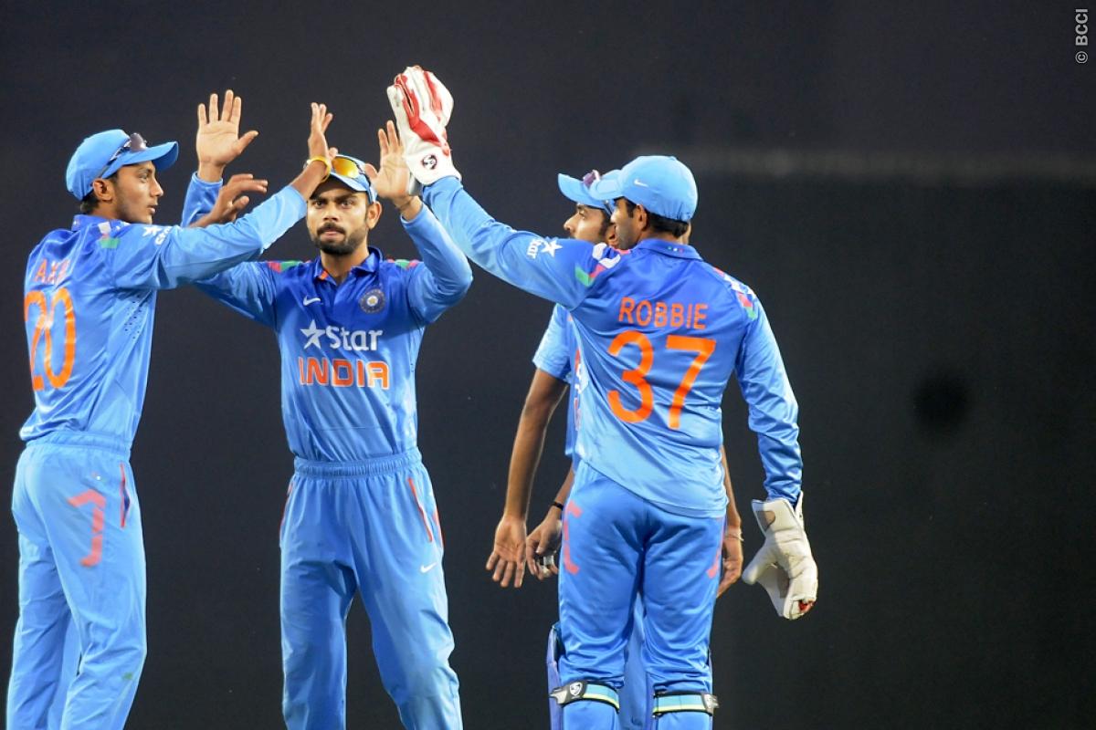 Team India celebrates during the 5th ODI against Sri Lanka. Image Credit: Pal Pillai/ Sportzpics/ BCCI