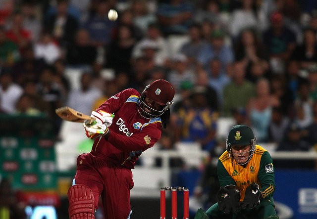 Chris Gayle hits a six during the 1st KFC T20 International match between South Africa and West Indies. Image Credit: WICB