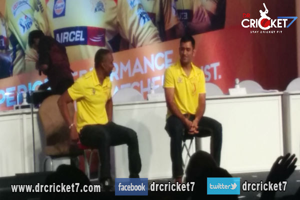 CSK skipper MS Dhoni and all-rounder Dwayne Bravo in an event.