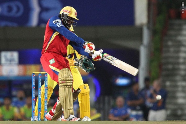 Chris Gayle of the Royal Challengers Bangalore square cuts a delivery during the 2nd qualifier.