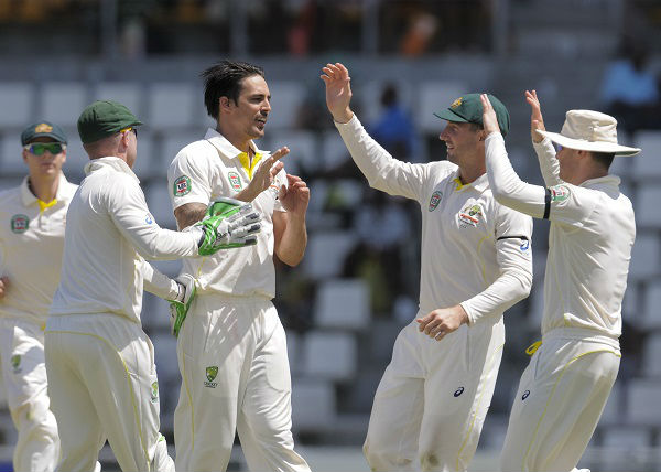 Mitchell Johnson celebrates on day one of the first Test West Indies v Australia at Windsor Park. Image: WICB