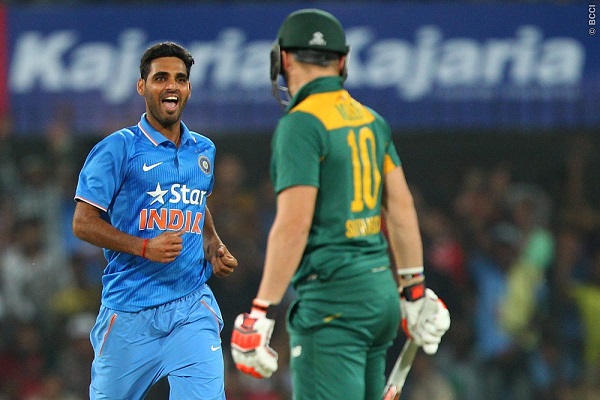 Bhuvneshwar Kumar of India celebrates the wicket of David Miller of South Africa.