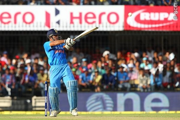 MS Dhoni, captain, of India brings up his fifty with a six against South Africa.